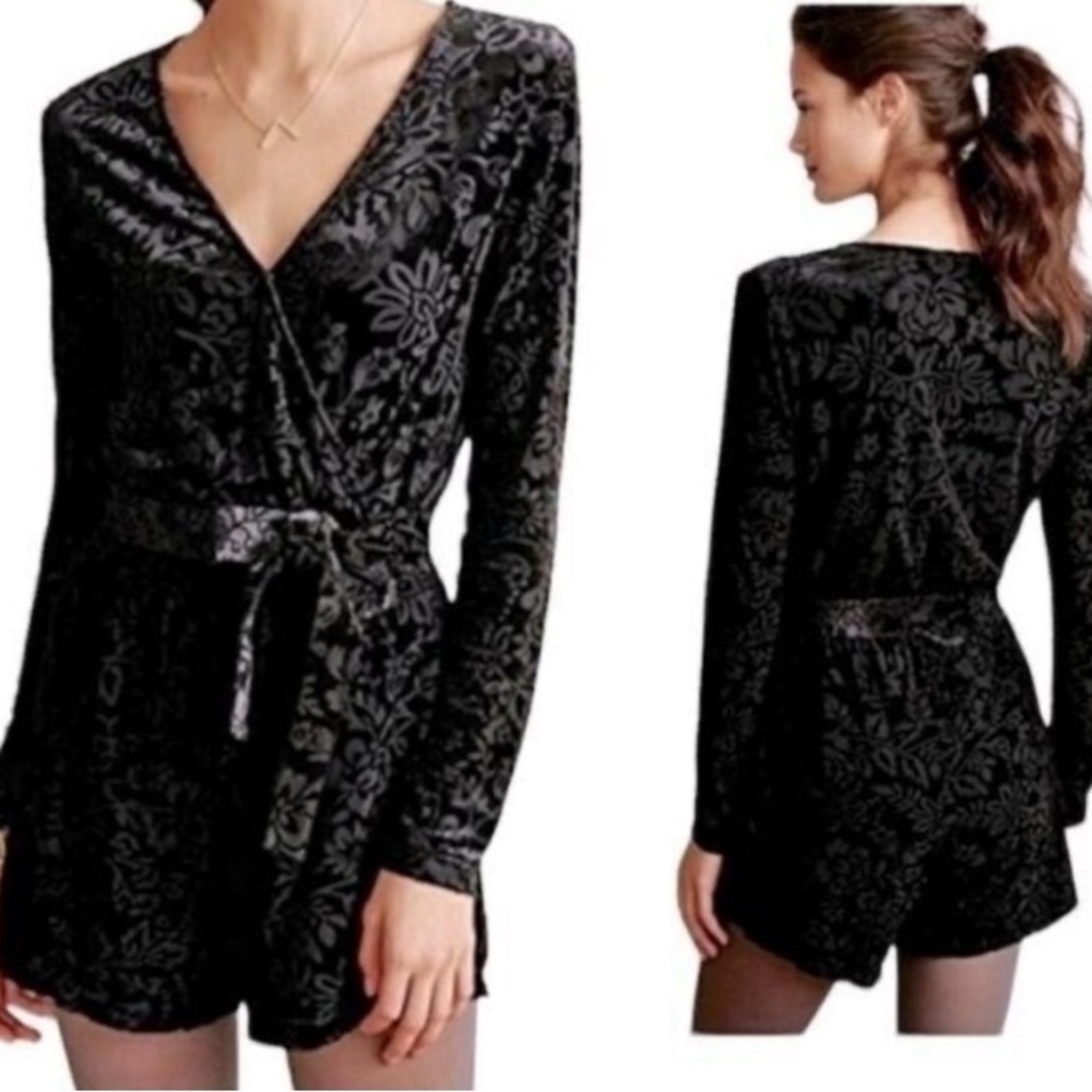 Anthropologie Saylor Black Floral Velvet Romper